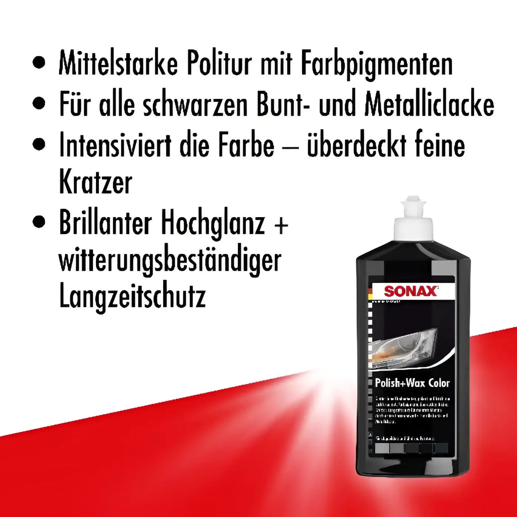 Schwarze sonax polish und wax color flasche 500ml mit weißem pumpspender zur autopolitur und wachspflege