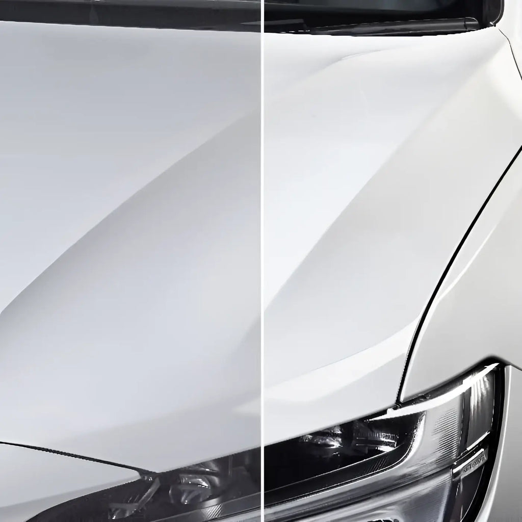 Weißes auto mit glänzend poliertem vorderen kotflügel und scheinwerferbereich mit sonax polish und wax color 500ml