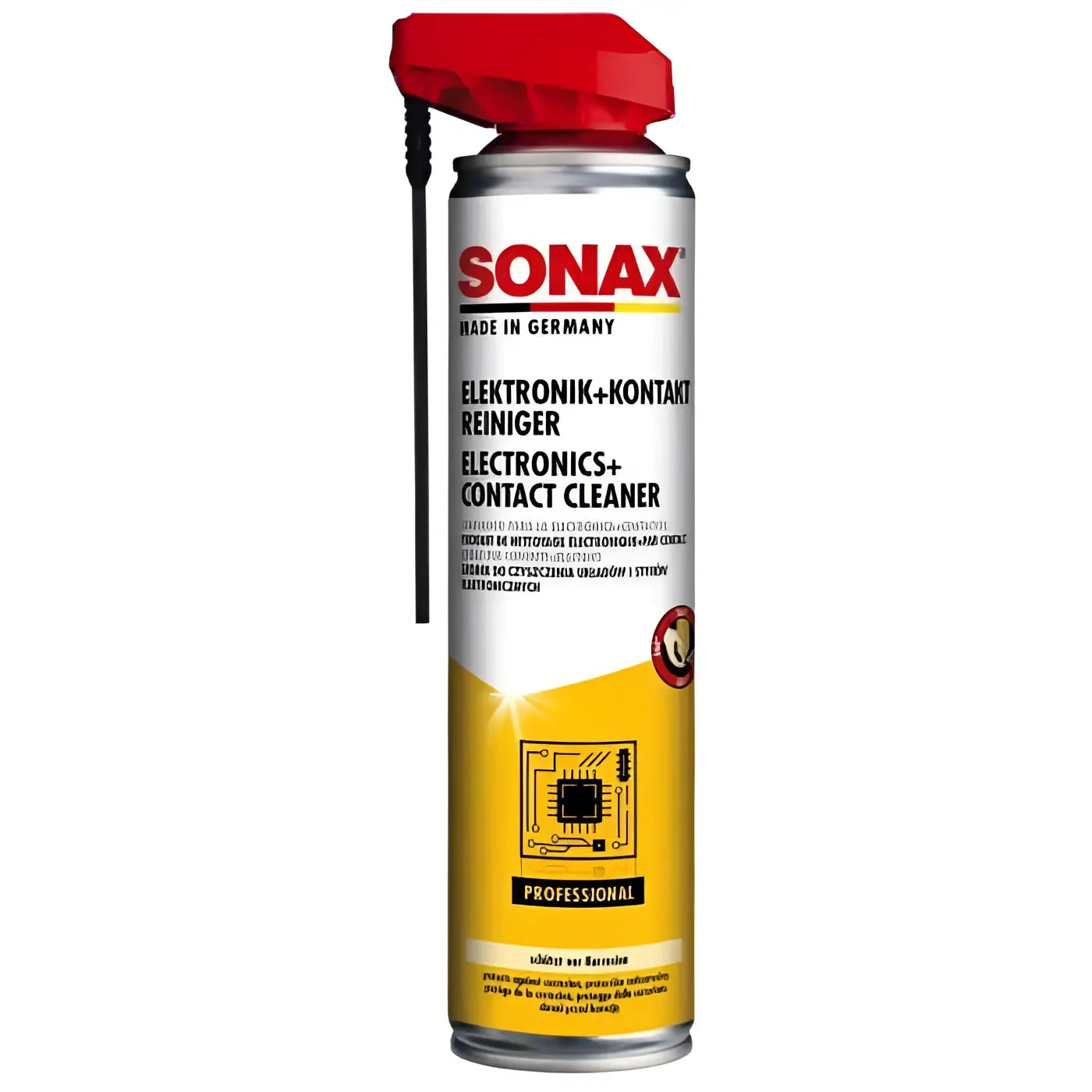 Sonax professional elektronik kontaktreiniger mit easyspray im spraydose mit rotem aufsatz und gelbem etikett