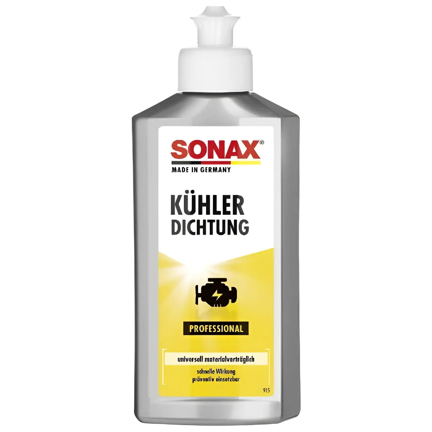 Silberfarbener kunststoffflasche sonax professional kühlerdichtung 250ml mit weißem pumpenspender und gelbem etikett