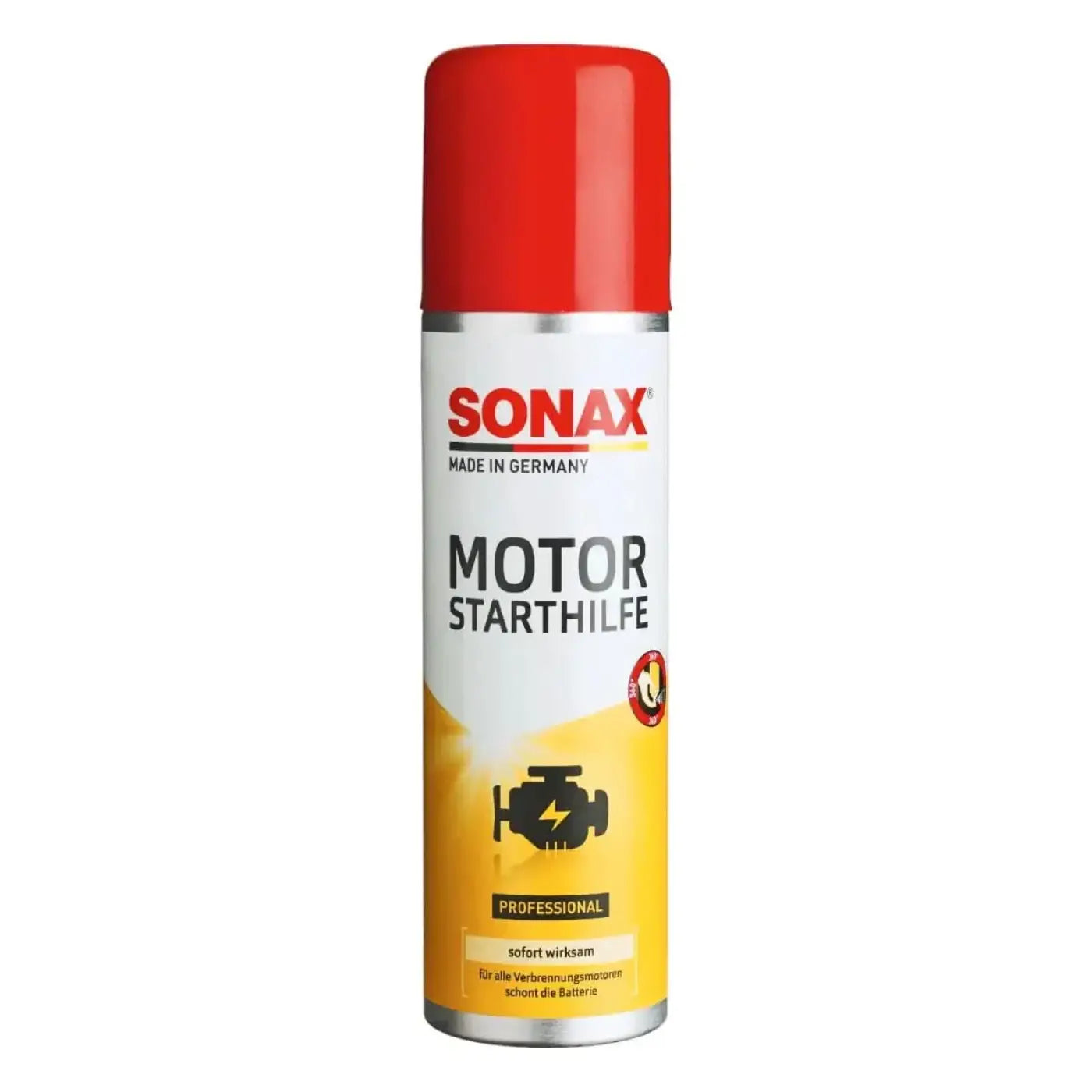 Red-weißer und gelber sonax professional motor starthilfe aerosol für motorstartunterstützung