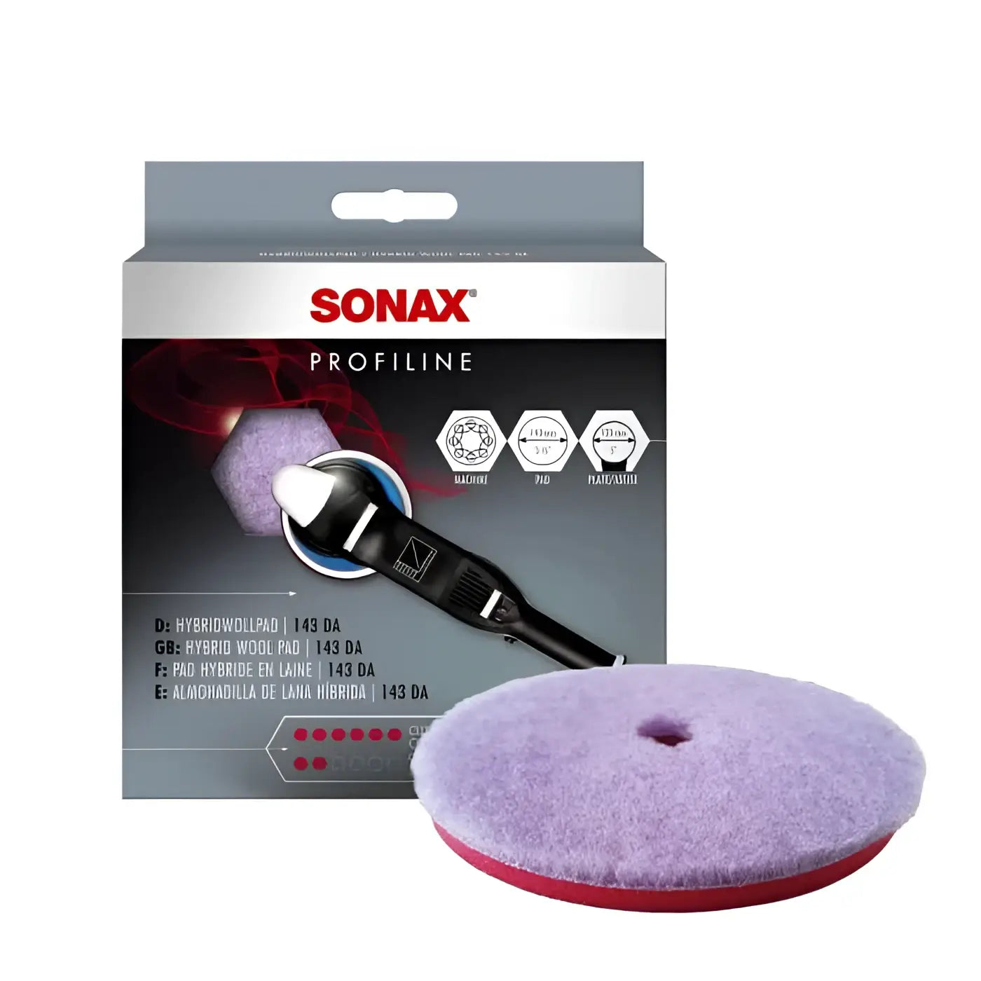 Sonax profiline hybridwollpad 143 da lila hybridwoll-polierpad mit rotem grundkörper für effektive fahrzeugpflege