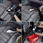 Schwarzer leder-autositz wird mit sonax profiline lederreiniger 1l und passenden werkzeugen gereinigt