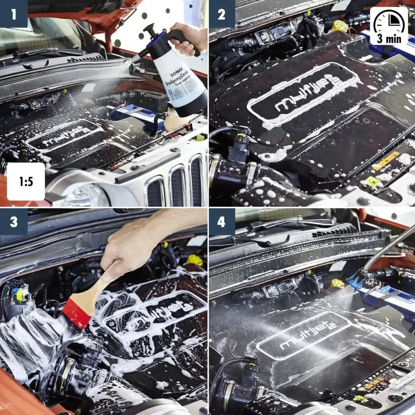 Schwarzer motorabdeckung mit weißem mutije logo und schaumresten neben sonax profiline multistar 1l reiniger