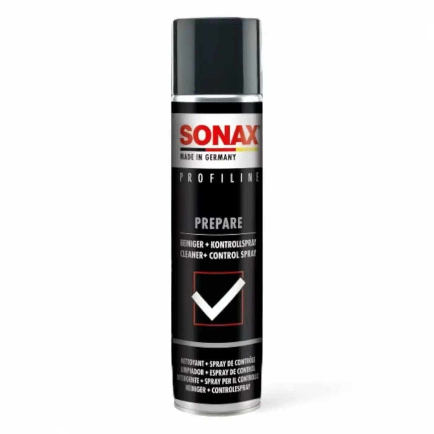 Schwarze sonax profiline prepare cleaner und control spraysdose mit silbernem band und schwarzem deckel für fahrzeugpflege