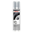 Silberne sonax reifenpfleger spraysdose 400ml mit schwarz weißem reifenbild auf dem etikett