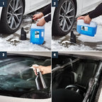 Blauer plastikbehälter für autoscheibenreiniger mit schwarzer sprühdüse und griff beschriftet mit kabar sonax scheibenenteiser