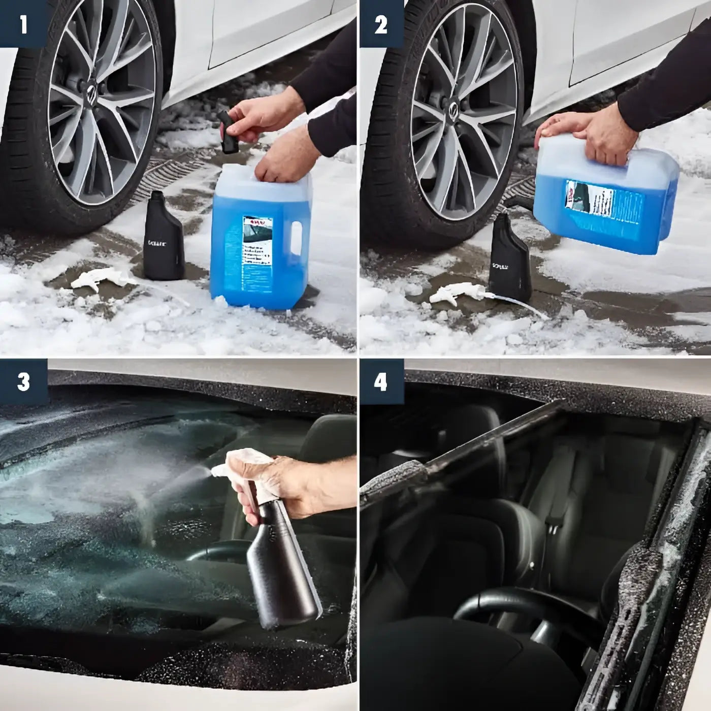 Blauer plastikbehälter für autoscheibenreiniger mit schwarzer sprühdüse und griff beschriftet mit kabar sonax scheibenenteiser