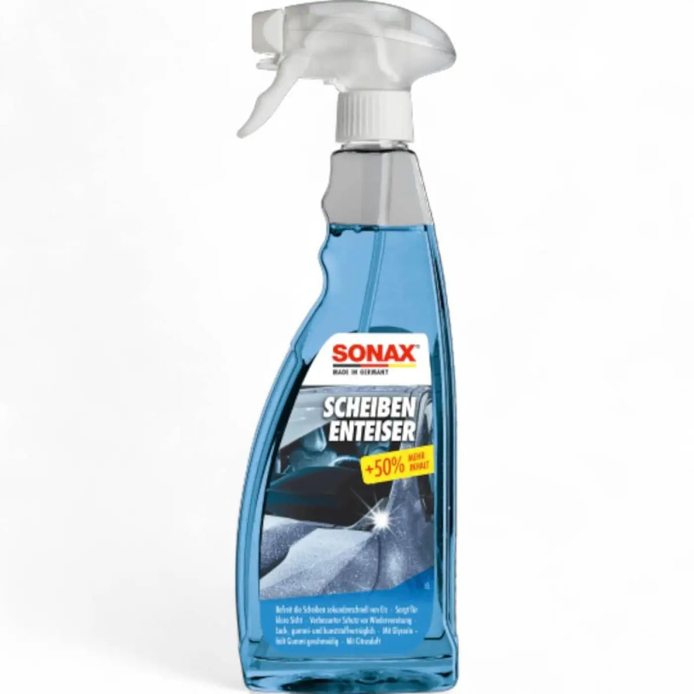 Blauer transparenter sprayflasche von sonax scheibenenteiser zum enteisen der windschutzscheibe