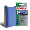 Sonax scheibenschwamm mit blauem mikrofaserschwamm und beigem gummirücken in 2-in-1 verpackung