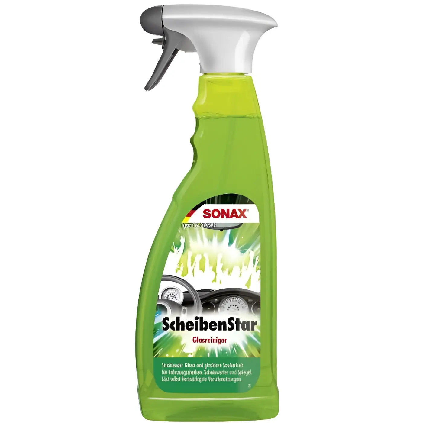 Grüner sonax scheibenstar glasreiniger 750ml mit weiß-grauem sprühkopf zur effektiven glasreinigung