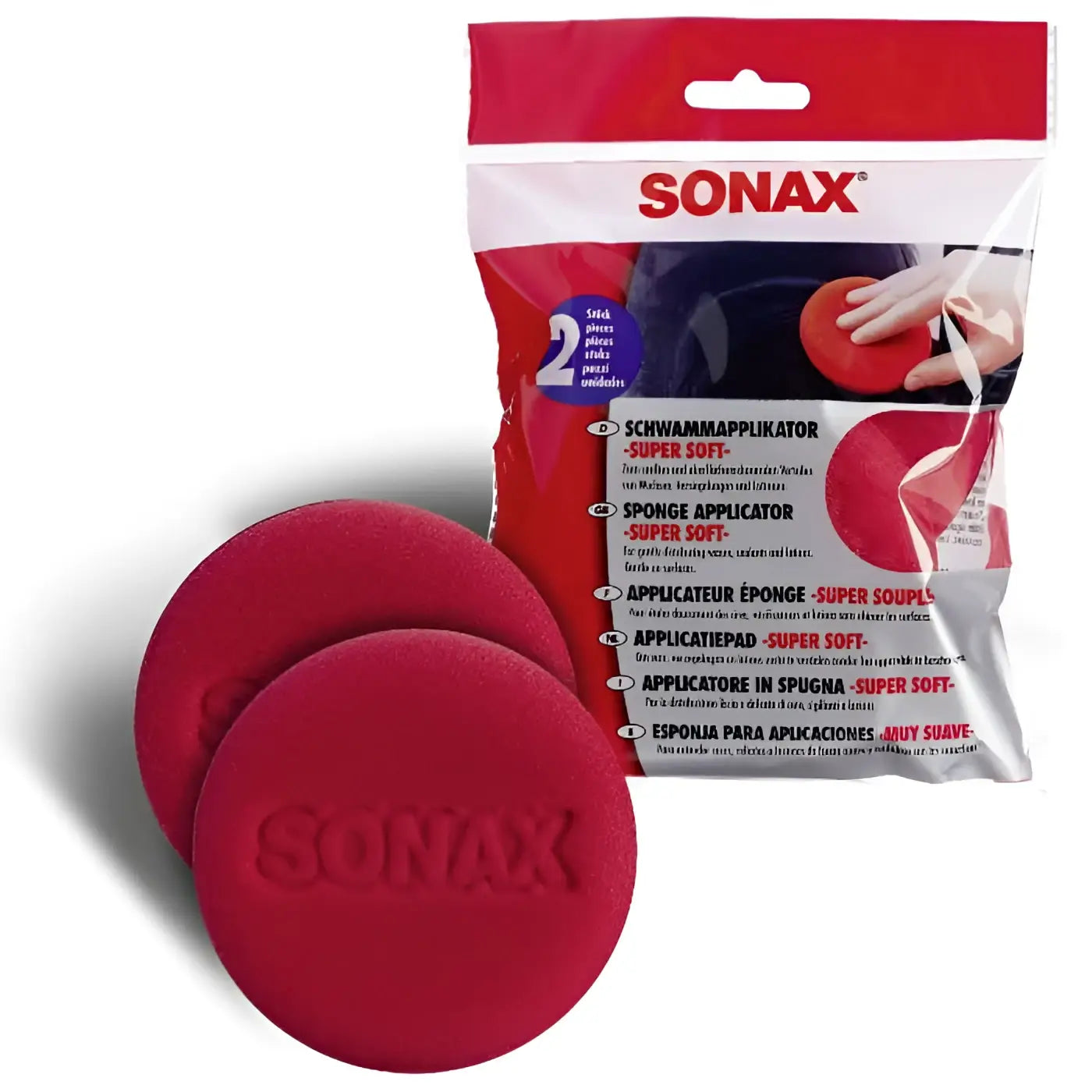 Rote runde sonax schwammapplikatoren super soft aus weichem material in verpackung für einfache applizierung
