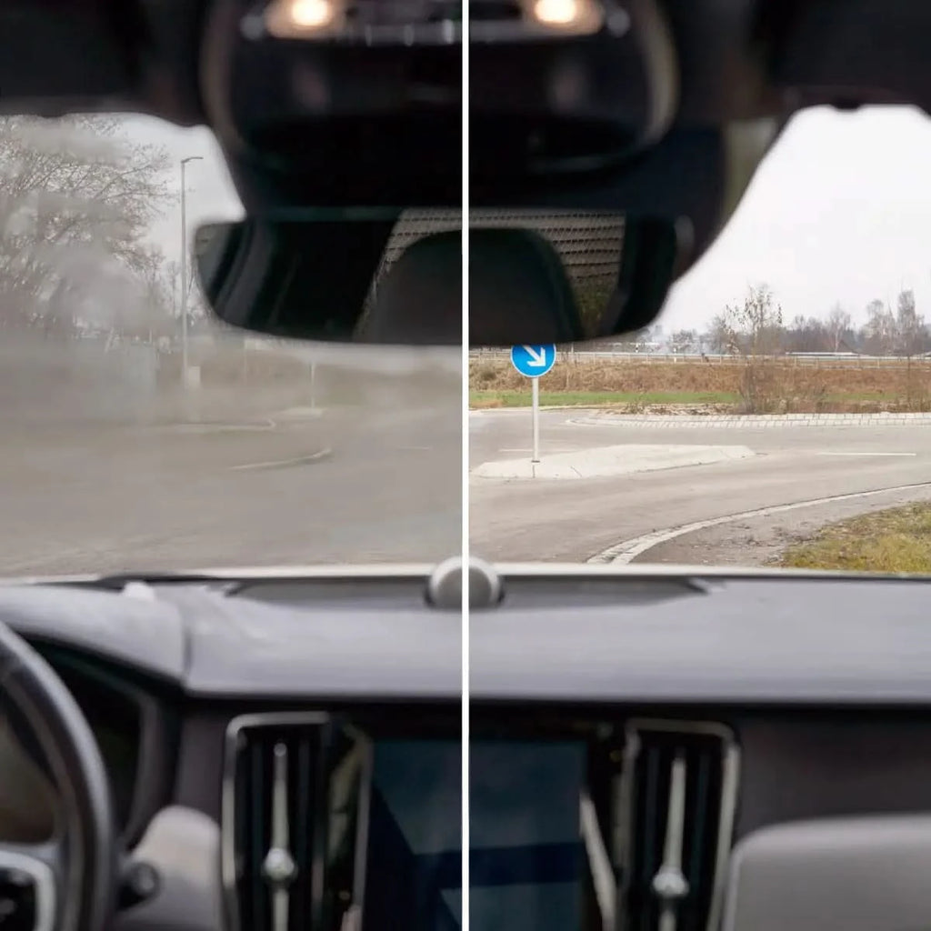 Sonax antibeschlagspray 500ml zeigt klaren und nebligen autoscheibeneffekt im split-screen innenansicht
