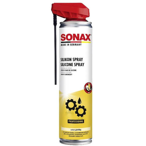 Rote und silberne sonax silikon spraydose mit gelbem etikett und zahnrad symbolen sonax professional silikonspray easyspray 400ml