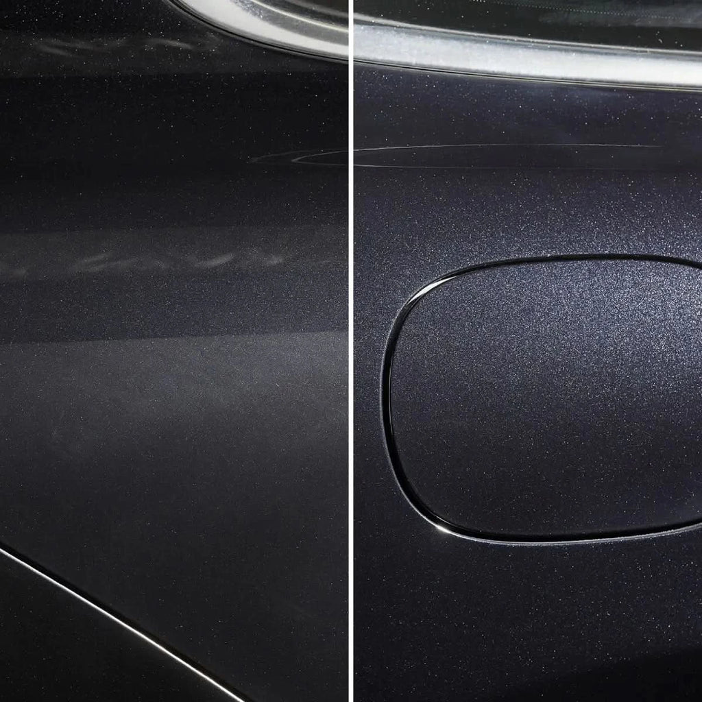 Sonax profiline perfect finish 1l zeigt schwarze autolackoberfläche mit kratzern links und makelloser seite rechts