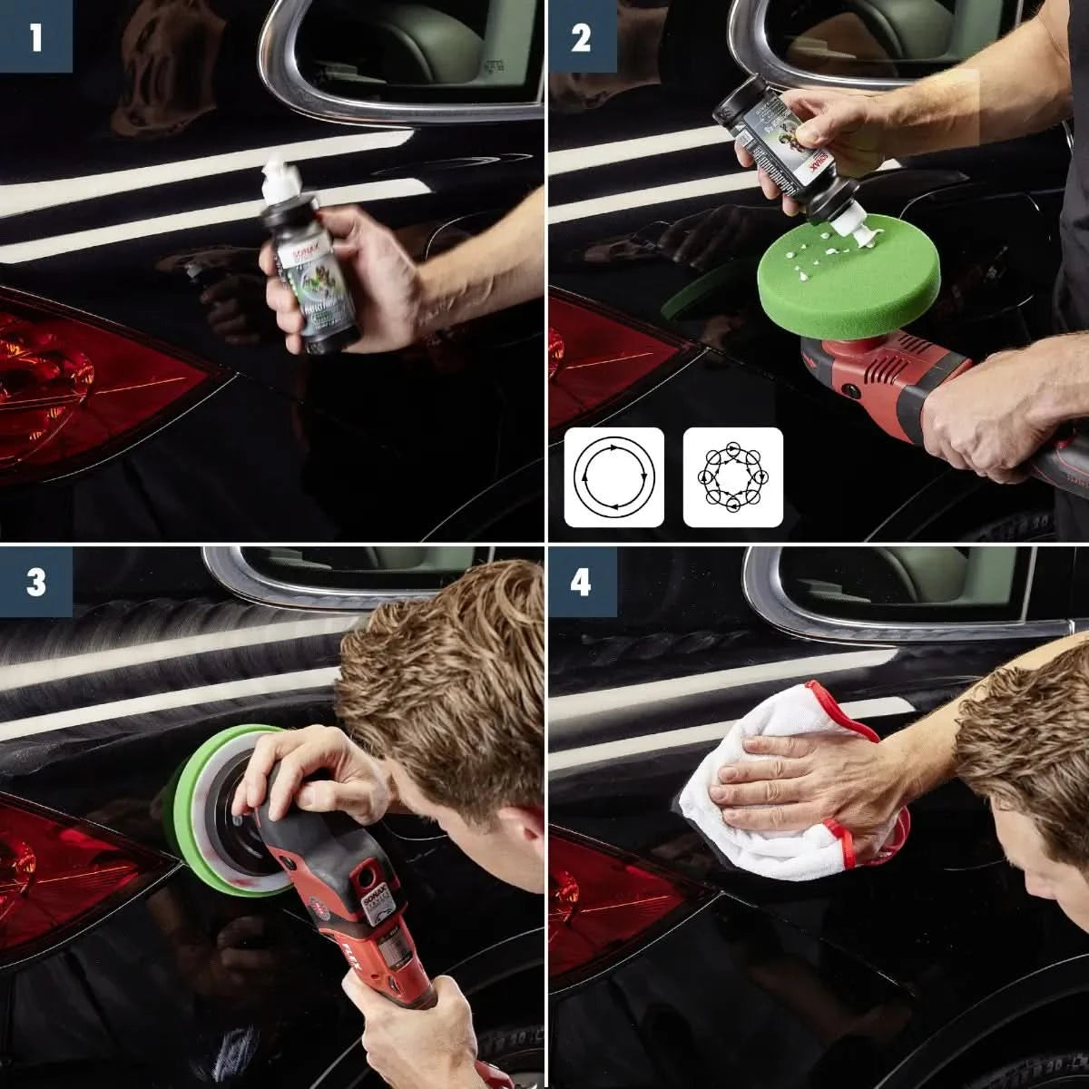 Rot schwarzes elektrisches poliergerät mit grünem schaumpad für sonax profiline perfect finish 250ml