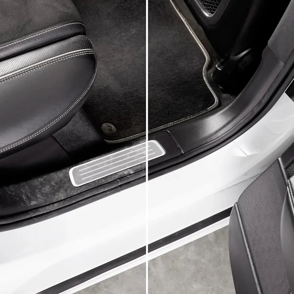 Sonax Profiline PlasticCare Kunststoffpflege zeigt Reinigungsergebnis an Autotürrahmen vor und nach Anwendung von SONAX Reiniger.