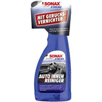 Blaues plastikflasche von sonax xtreme autoinnenreiniger 500ml mit schwarzem und silbernem sprühkopfverschluss