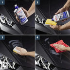 Silberne sonax xtreme brilliant wax 1 hybrid npt flasche mit blauem verschluss vor glänzend schwarzem auto