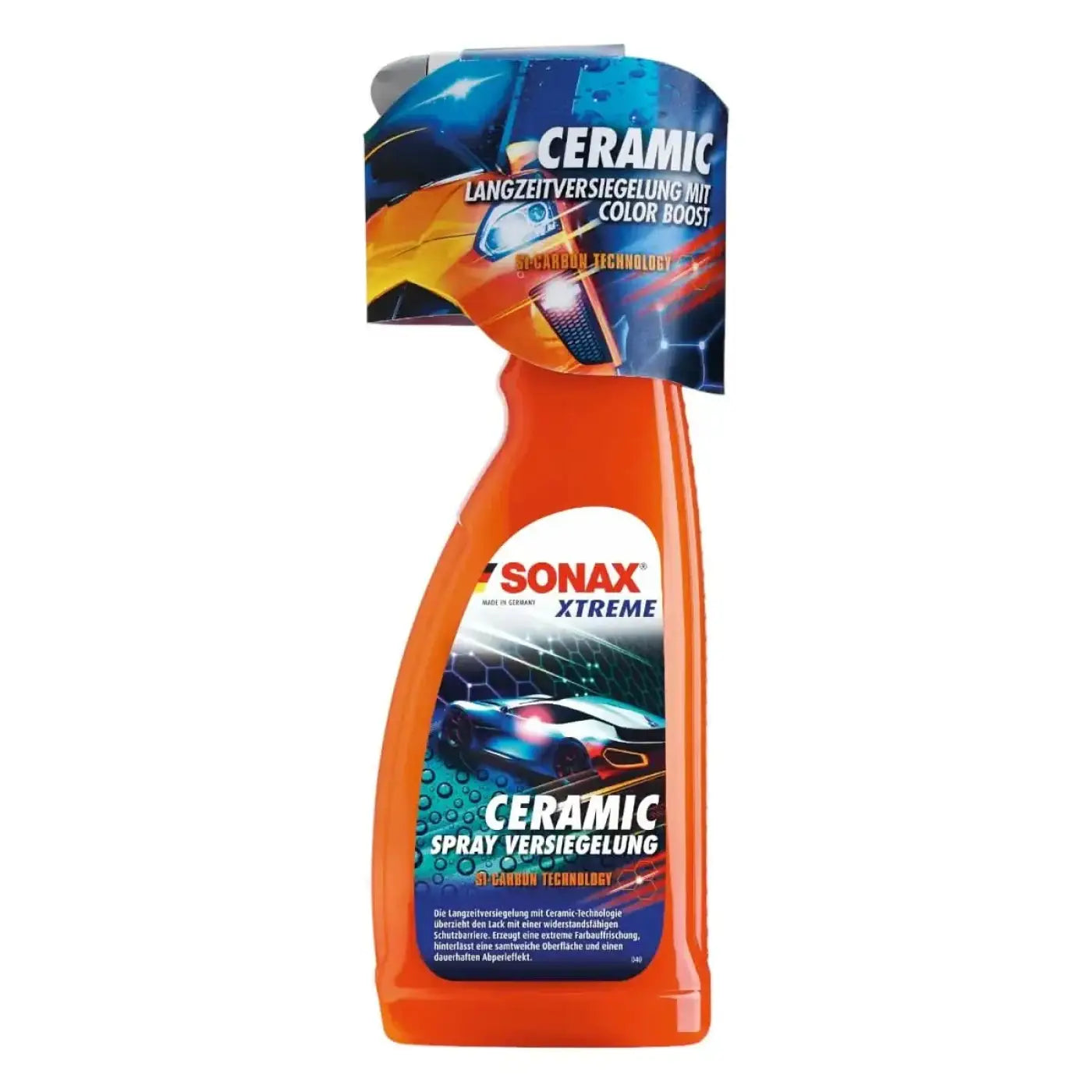 Sonax xtreme ceramic spray versiegelung 750ml oranger kunststoffsprühflasche mit futuristischem auto und keramikbeschichtung