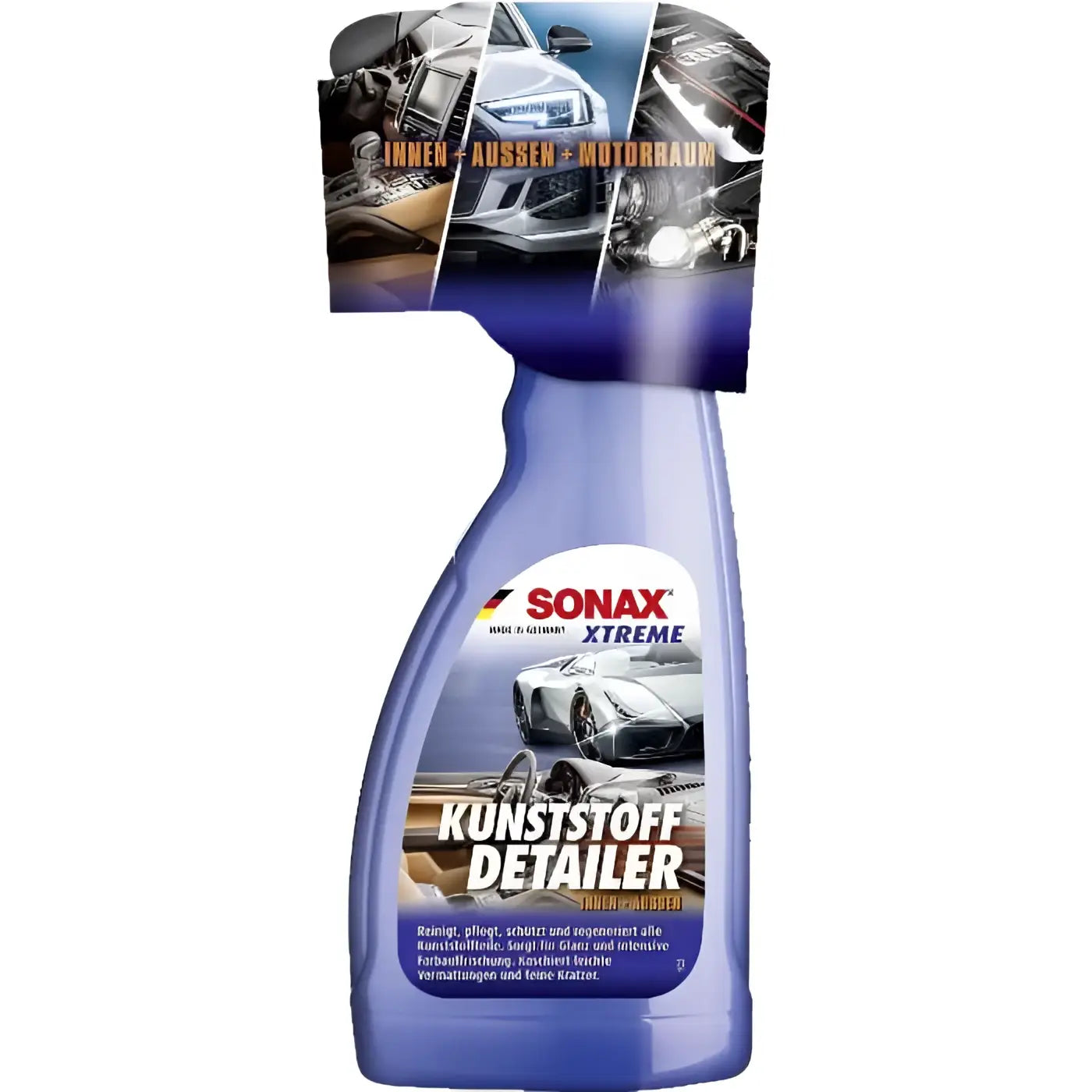 Blauer kunststoffsprühflasche sonax xtreme kunststoff detailer 500ml mit glänzender oberfläche und autos auf etikett
