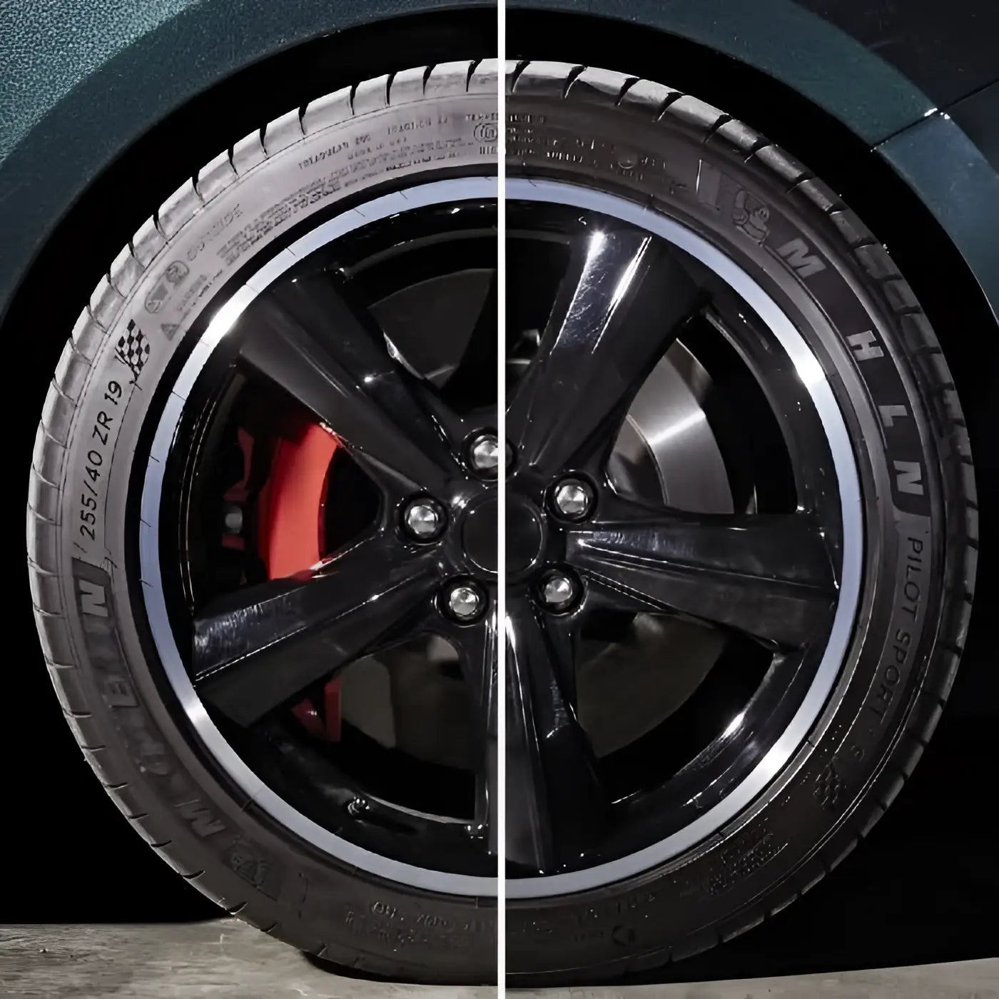 Sonax xtreme reifenpfleger matteffect 500ml zeigt schwarzes alufelgenrad mit chromrand und roter bremszange