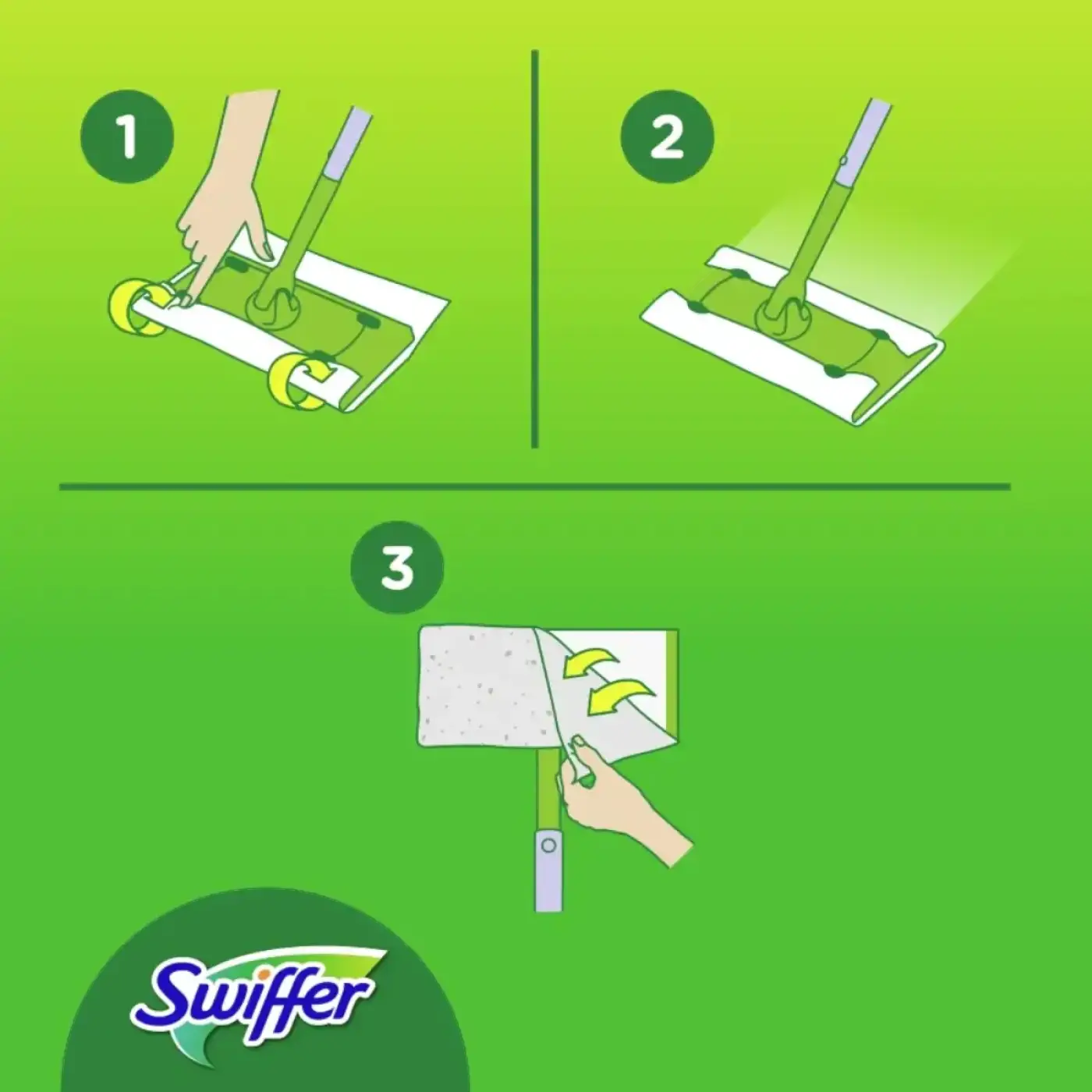 Swiffer anti-staub bodentuch mit grün weißem mopkopf und gelben rollen zur trockenen bodenreinigung