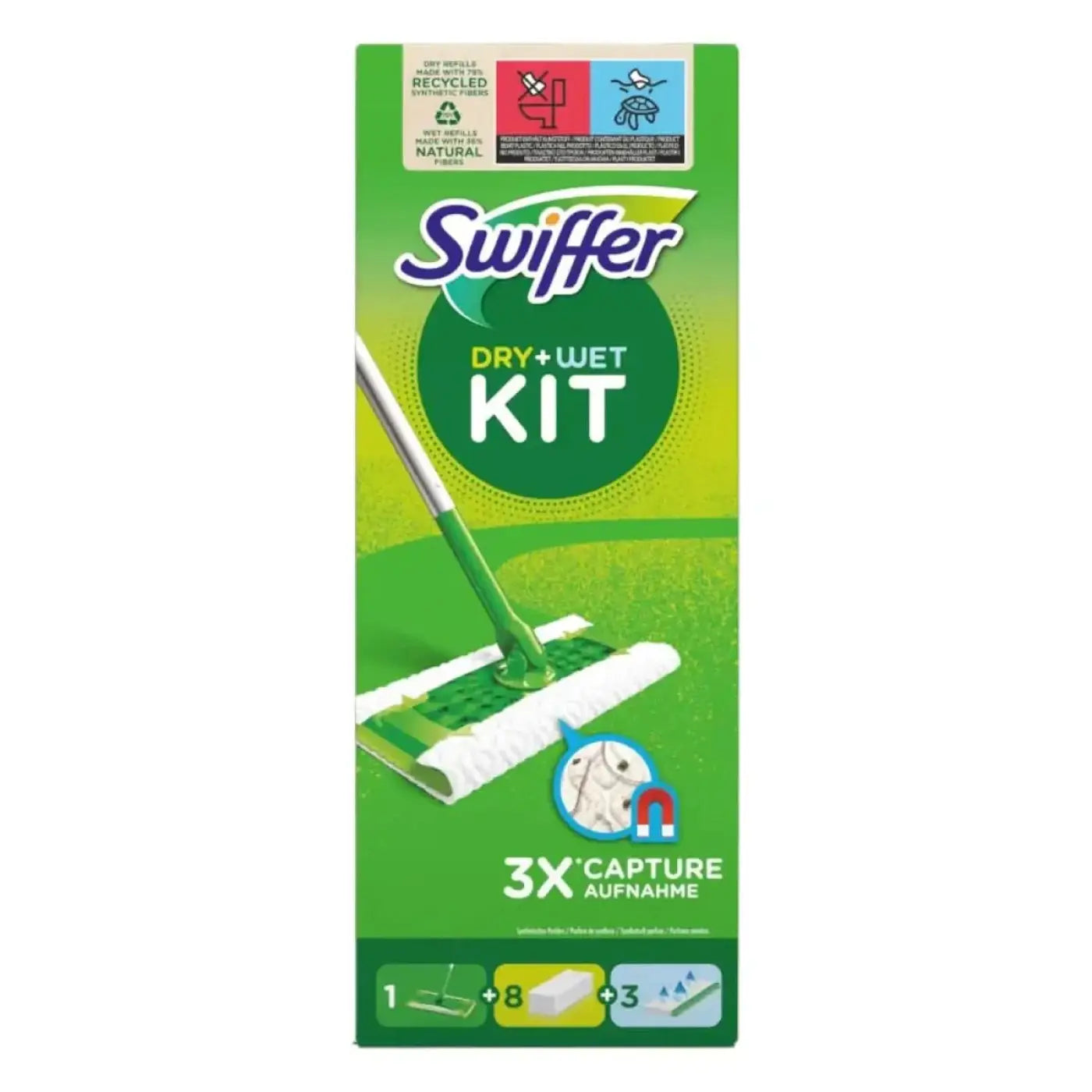 Swiffer dry und wet bodenwischer set mit grün weißem mopkopf silbernem griff und reinigungstüchern