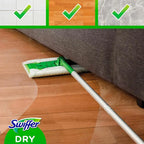 Grüner und weißer swiffer dry mop kopf mit silbernem griff für trockene bodenreinigung swiffer sweeper bodentücher 40 stück nachfüllpackung