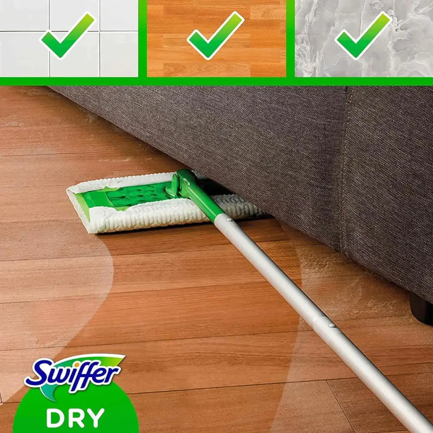 Grüner und weißer swiffer dry mop kopf mit silbernem griff für trockene bodenreinigung swiffer sweeper bodentücher 40 stück nachfüllpackung