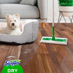 Swiffer sweeper trockener bodenwischer kopf grün weiß mit silbernem griff zur trockenen bodenreinigung