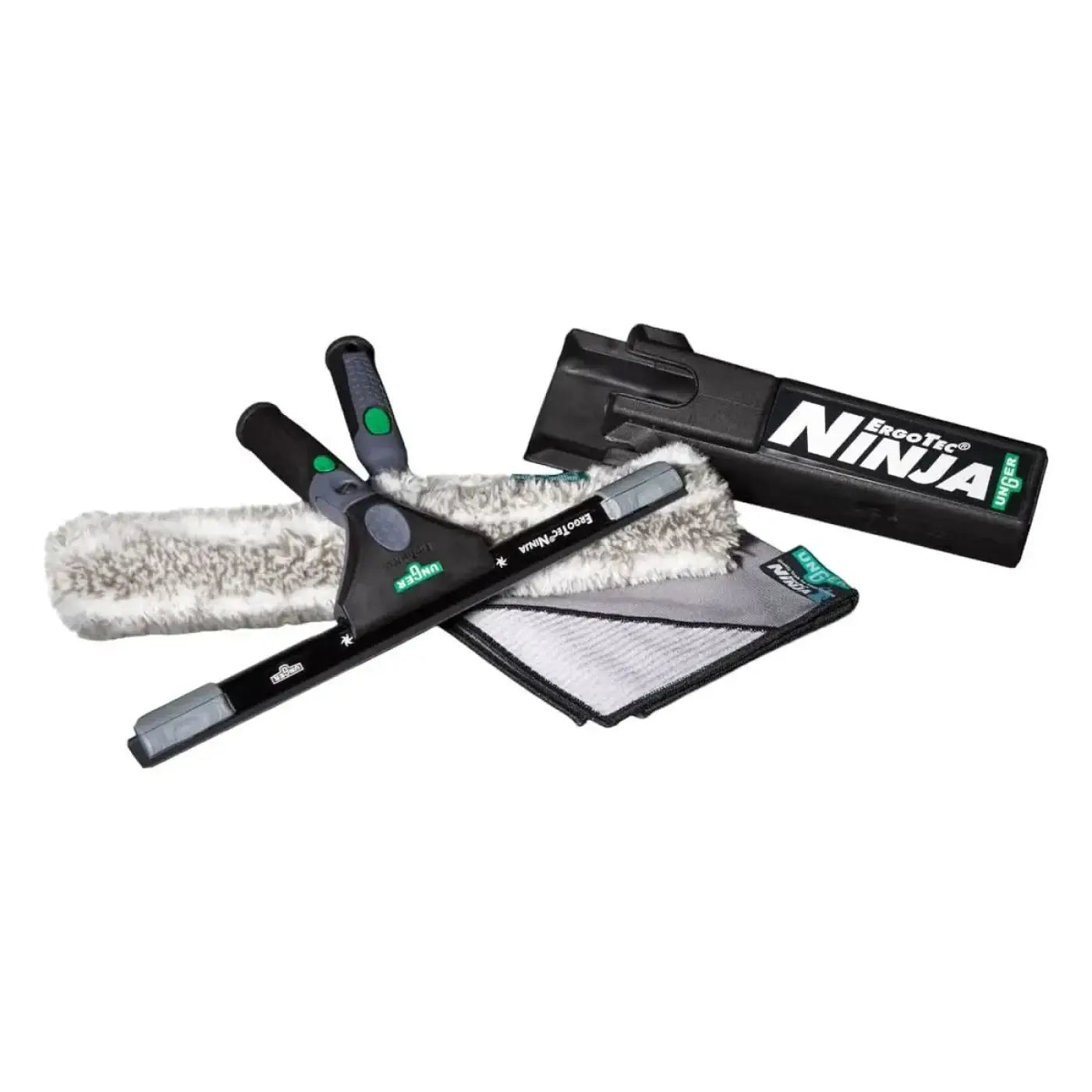 Ungu er akn12 ergotec ninja 4in1 fensterputzset mit schwarz-grauen mikrofasertüchern und grünen akzenten