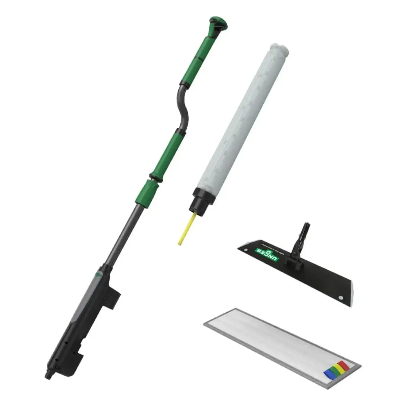 Green und schwarz ergonomischer griff mit weißem zylindrischen reinigungskopf und gelbem aufsatz im unger ergo cleanklettmopp bodenreinigungsset pro