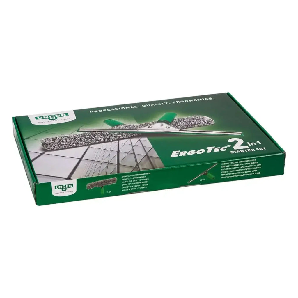 Grüne kartonverpackung für unger ergotec 2in1 starter set mit silber-grünem mopfkörper und strukturierten borsten