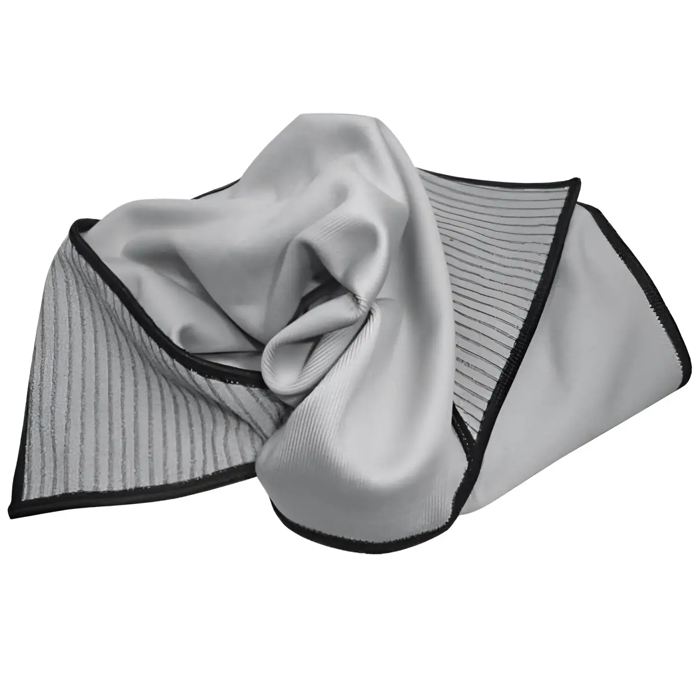 Silbernes microfiber reinigungstuch mit schwarzen kanten und streifenstruktur unger ergotec ninjawipe grau