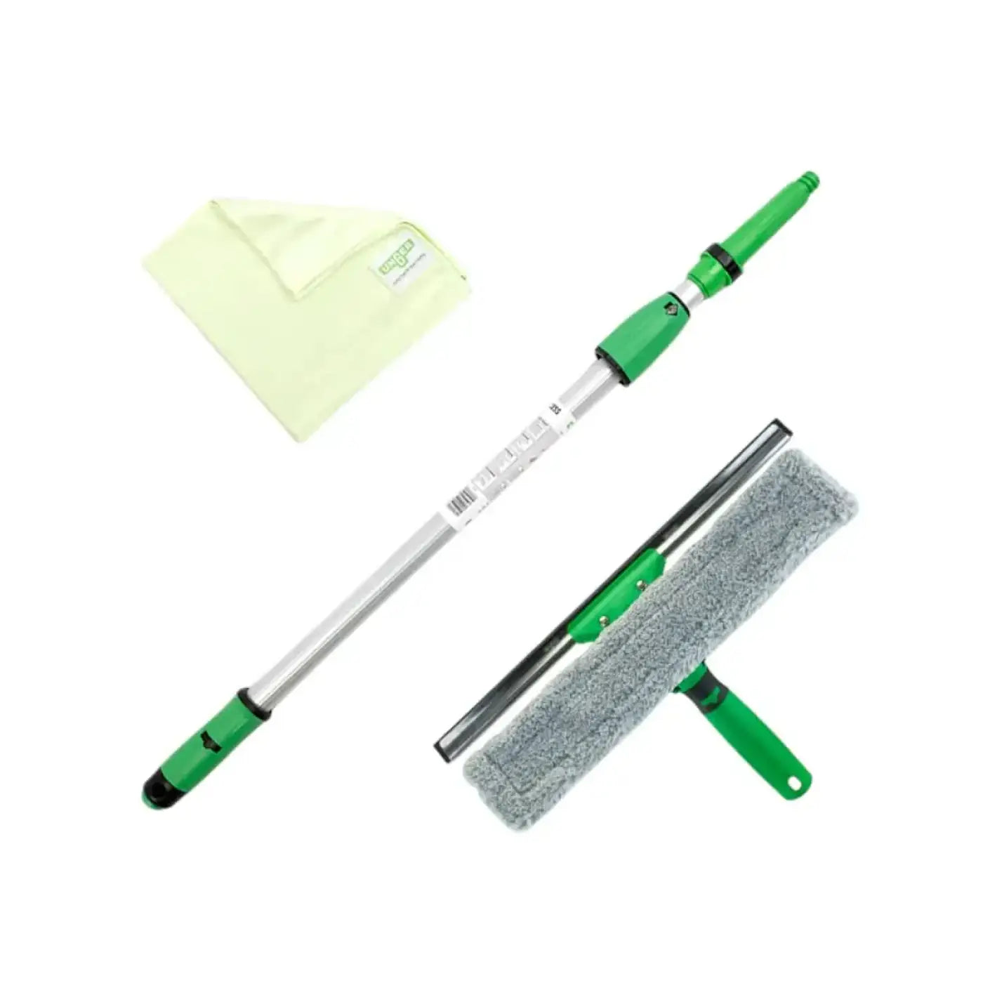 Grün griffe teleskop-scheibenwischer mit grauem mikrofaserkopf und klarem glasblatt ungger fensterreinigungs-set ak131