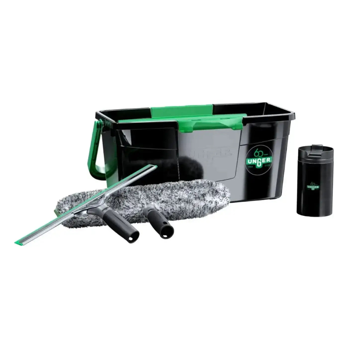 Unger glasreiniger-set 60 jahre limited edition ak60y mit schwarzem und grünem reinigungseimer, wischer, mikrofaserhandschuhen und kleinem behälter