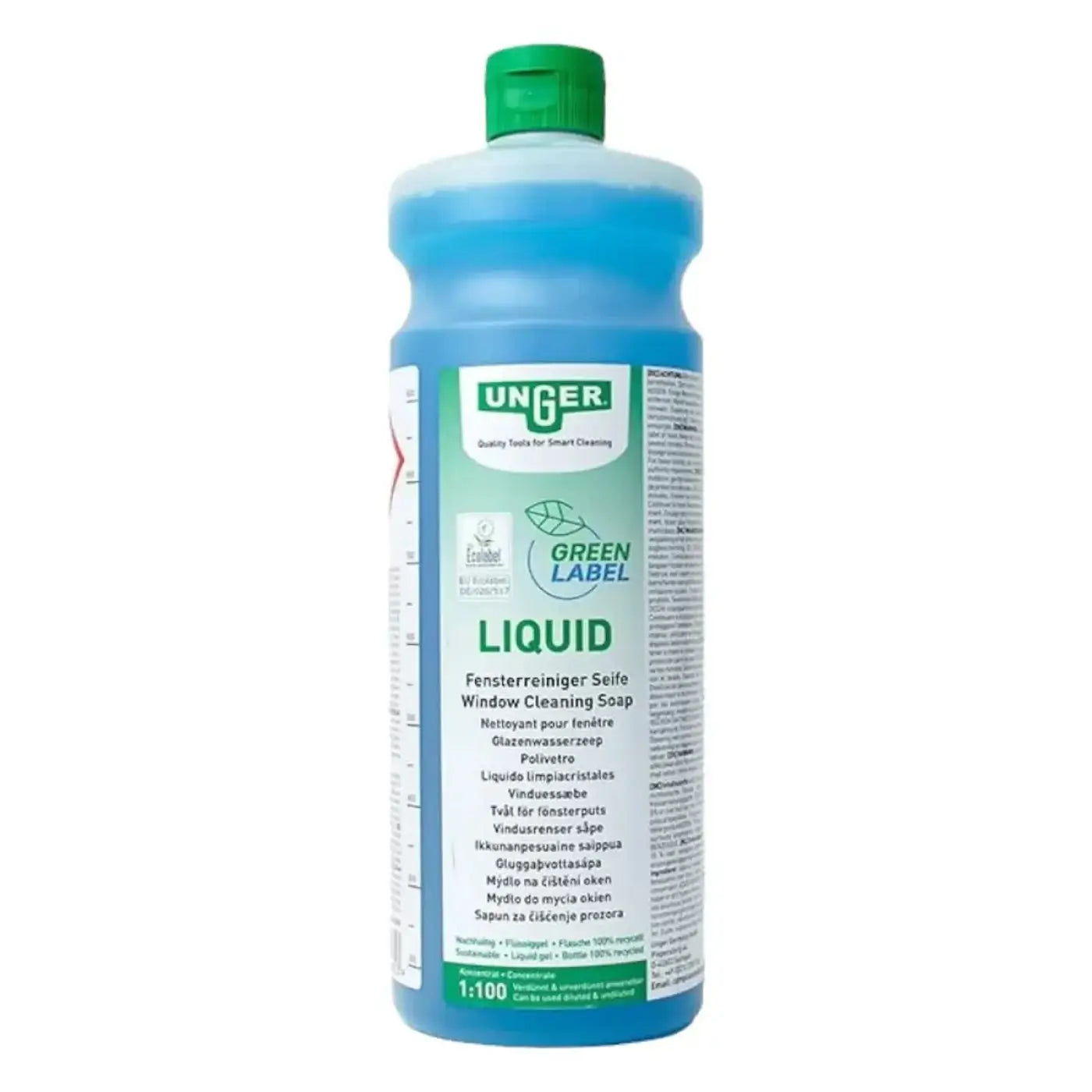 Flüssiger glasreiniger unger green label in blauem kunststoffflasche mit grünem deckel und etikett 1 liter