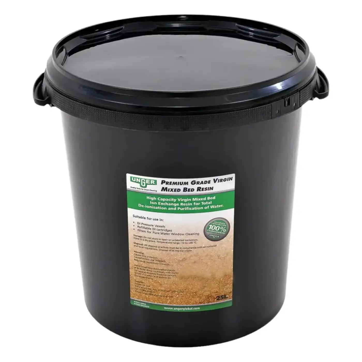 Schwarzer kunststoffeimer mit deckel und aufschrift ung premium grade virgin mixed bed resin für wasseraufbereitung