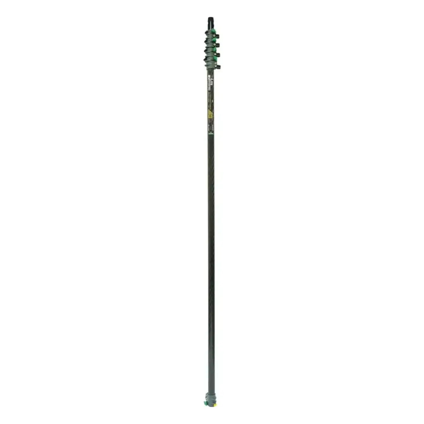 Black carbon fiber telescopic pole with green locking joints and yellow label for higher reach cleaning tools