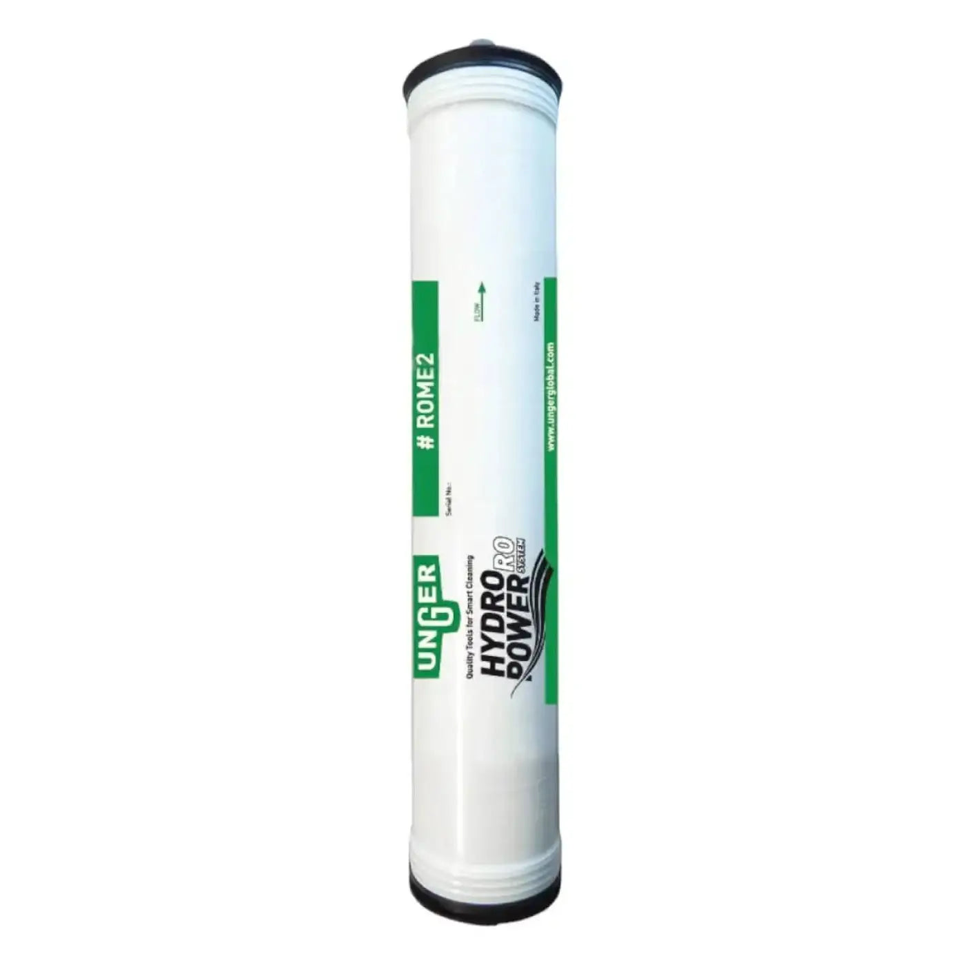 Weißer zylindrischer wasserfilter unger hydro power 2.0 mit grüner und schwarzer kennzeichnung für UNGER ROME2 membrane RO20C