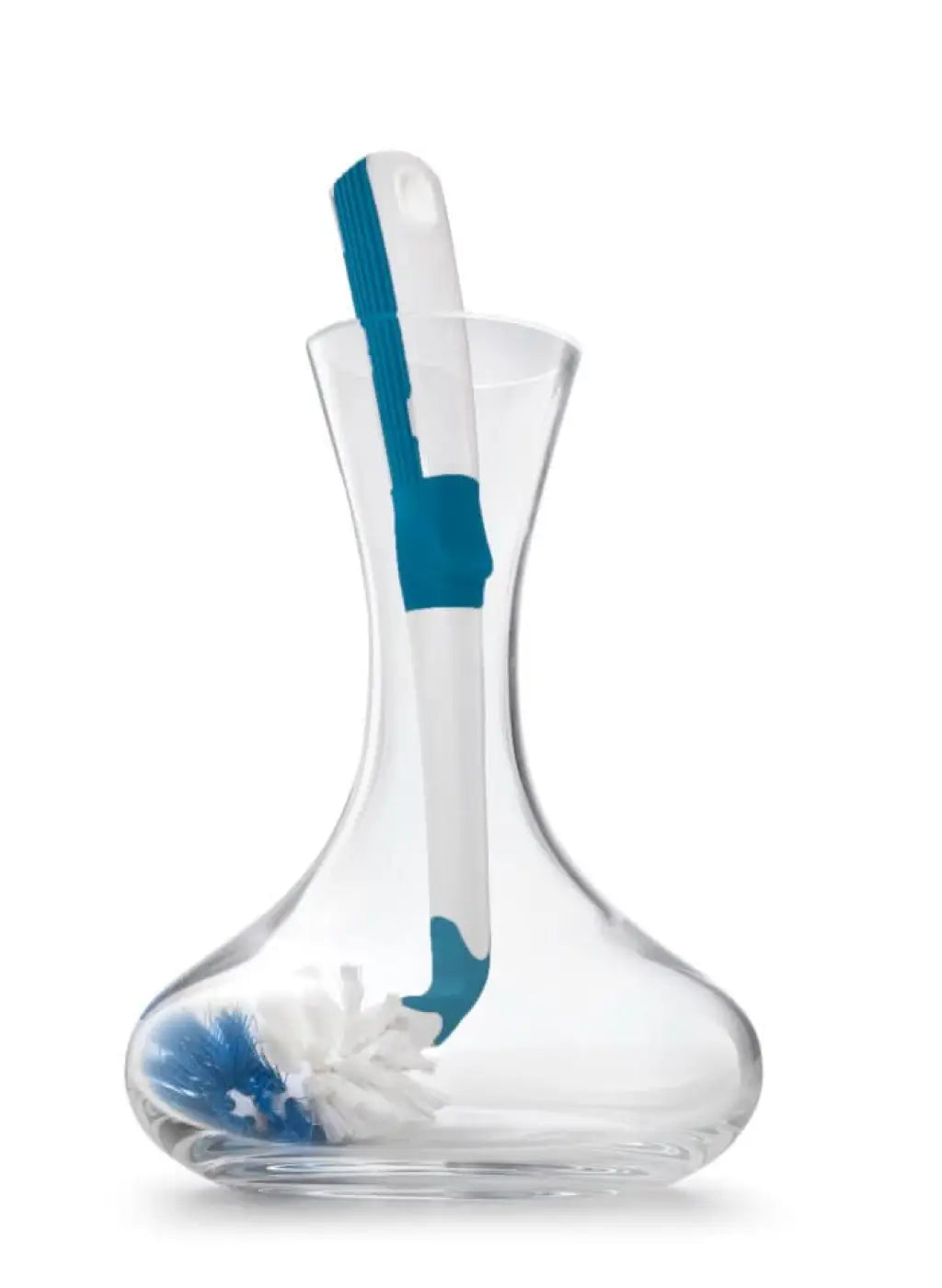 Eine elegante transparente glaskaraffe enthält eine blau-weiße ungert spülbürste flex mit weichen borsten