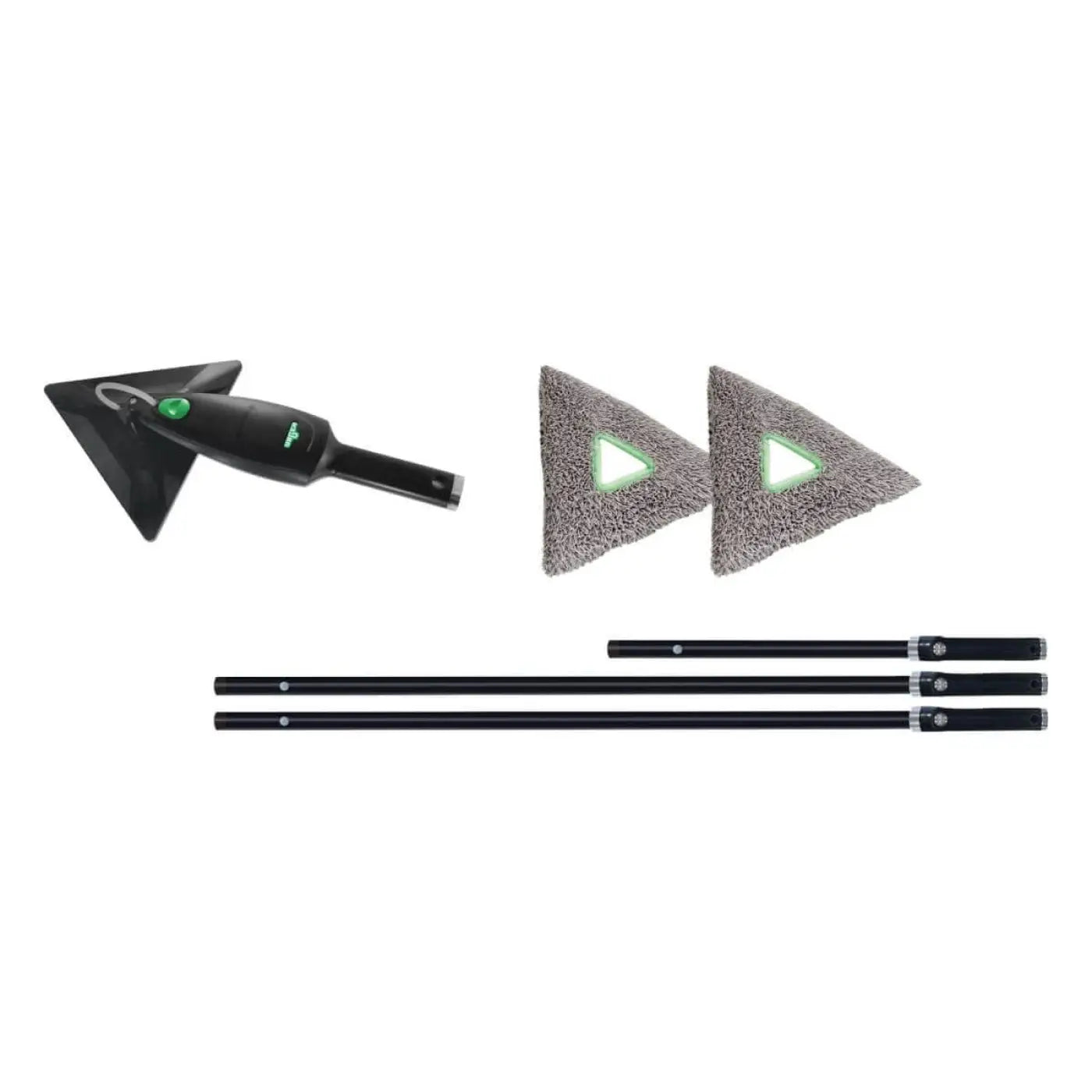 Schwarzes dreieckiges fensterreinigungsgerät unger stingray-set 330 os srko3 mit grünem knopf und ausziehbaren stangen
