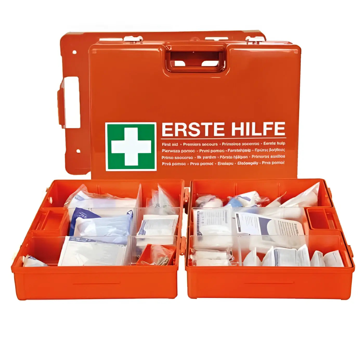 Bright orange plastik verbandkasten maxi din 13169 typ e mit grünem kreuz und erste hilfe auf dem deckel