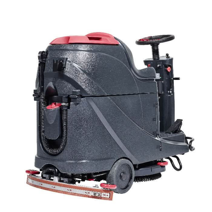 Viper micro-aufsitz-scheuersaugmaschine as530r in schwarz und rot mit texturiertem gehäuse lenkrad und bürstenaufsatz