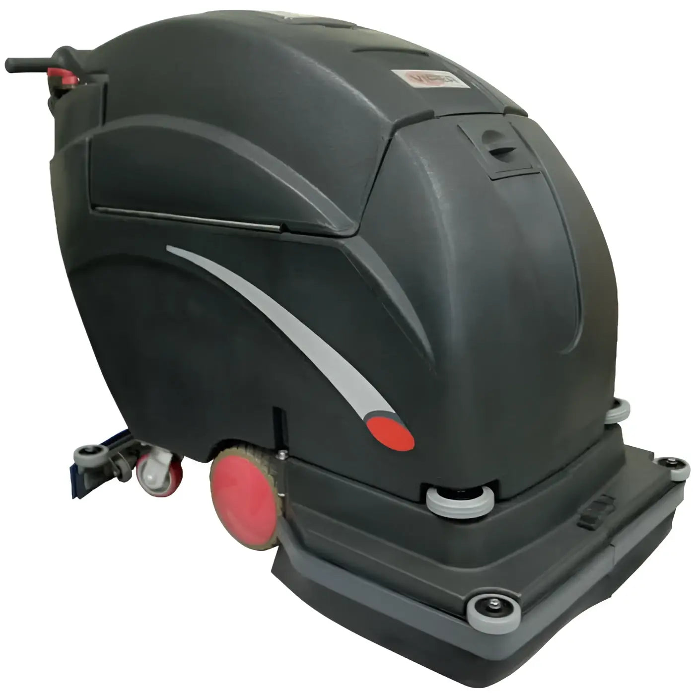 Schwarze viper scheuersaugmaschine fang26t mit roten rädern und silbernem akzentstreifen für industrieflächen