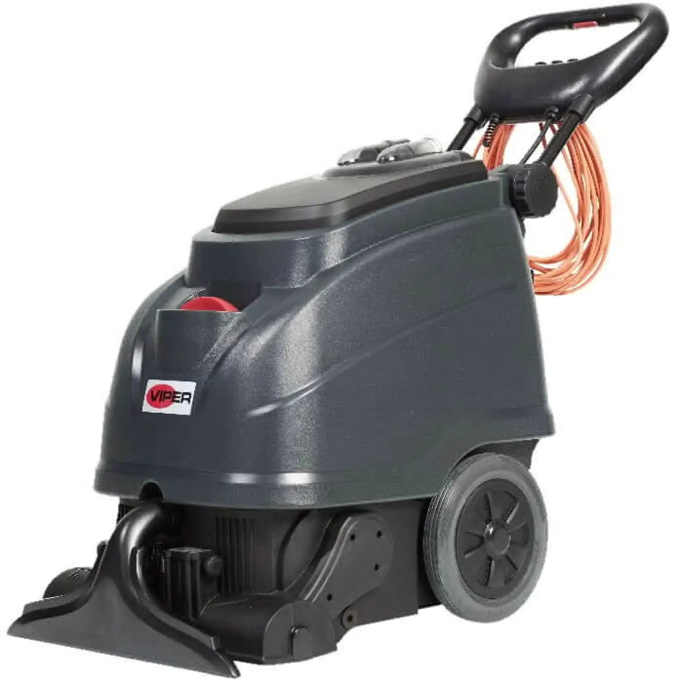 Viper sprühextraktionsgerät cex410 mit schwarzem viper bodenschrubber, coiled orange stromkabel und griff zur manövrierung von hinten