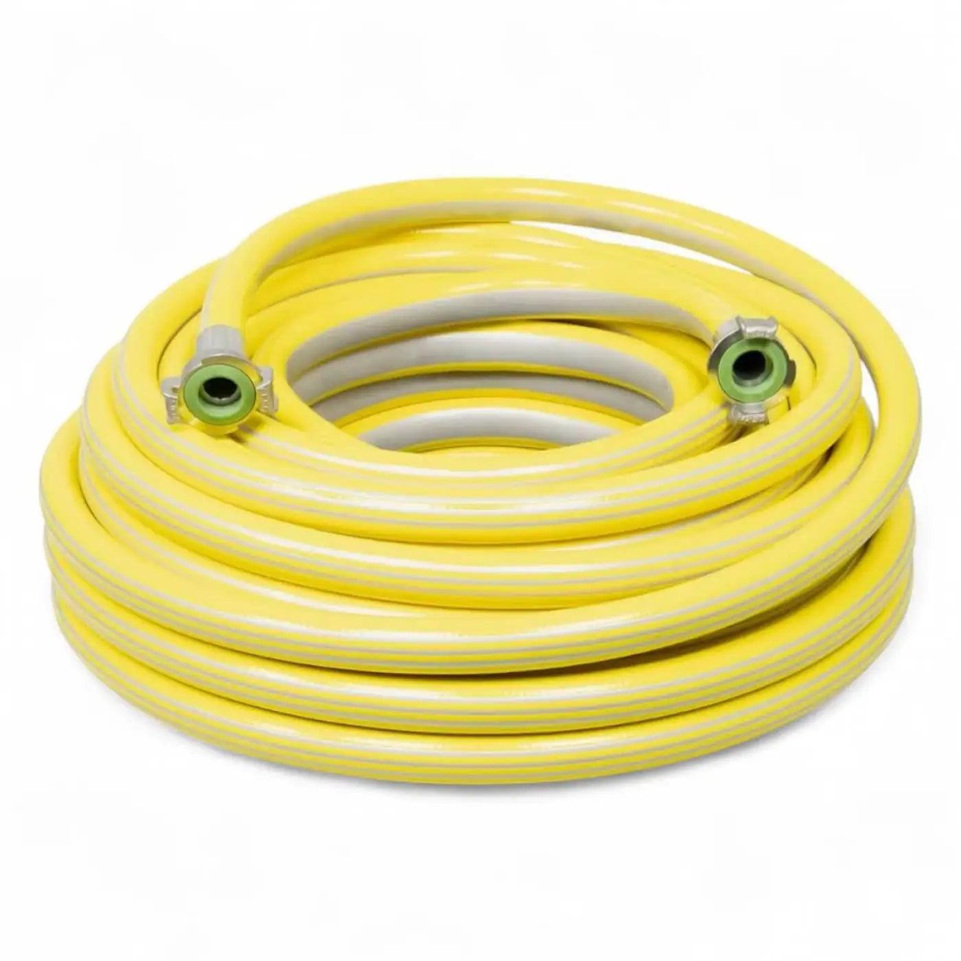 Gelber wasser- und abwasserschlauch 1/2 zoll 25 m mit grünen und silbernen verbindern