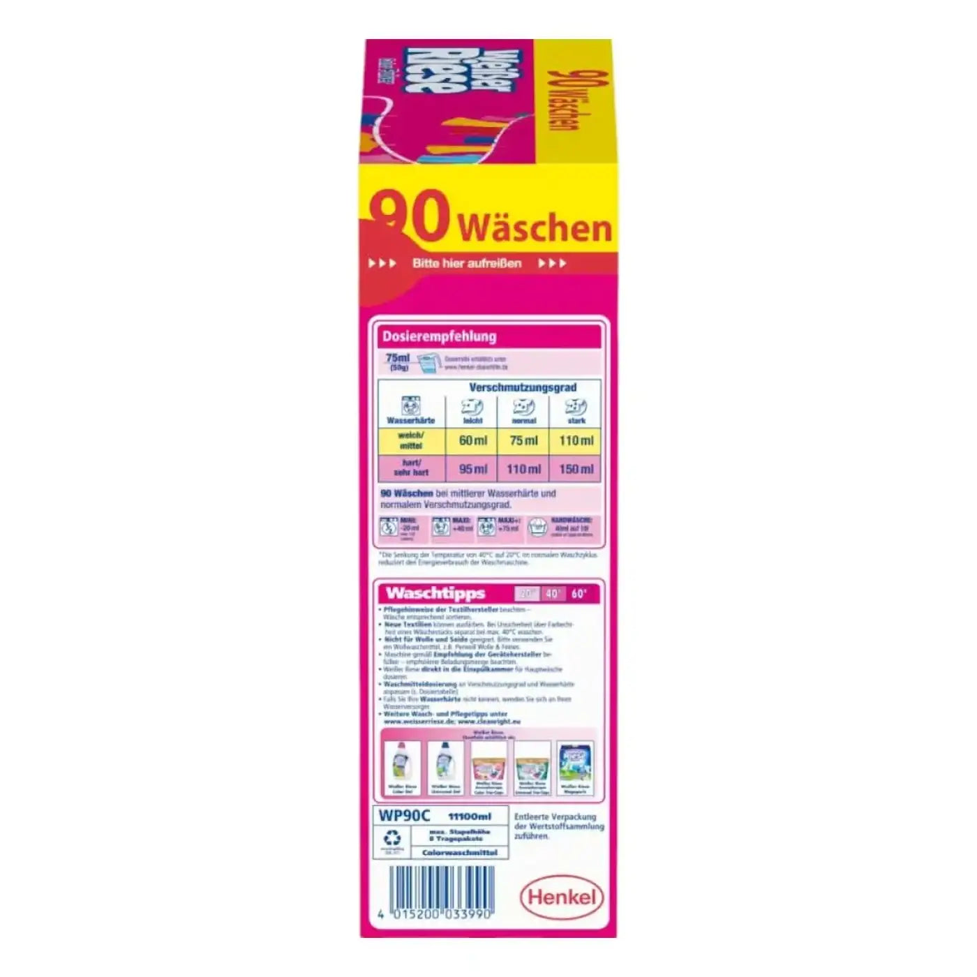 Pink und gelbe kartonverpackung von henkel wp90c waschpulver weißer riese colorwaschmittel rückseite mit deutschem waschanleitungstext