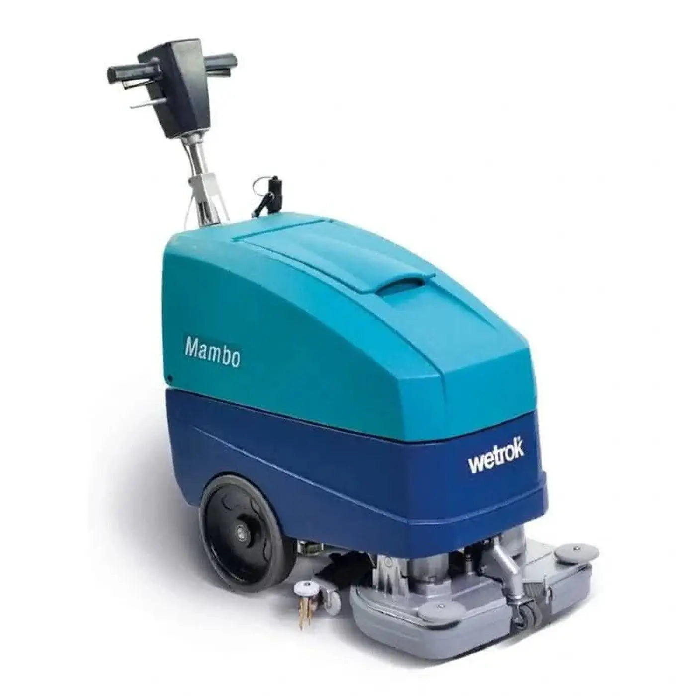 Teal und blaue wetrok mambo pro bodenreinigungsmaschine mit schwarzem griff und grauem reinigungskopf